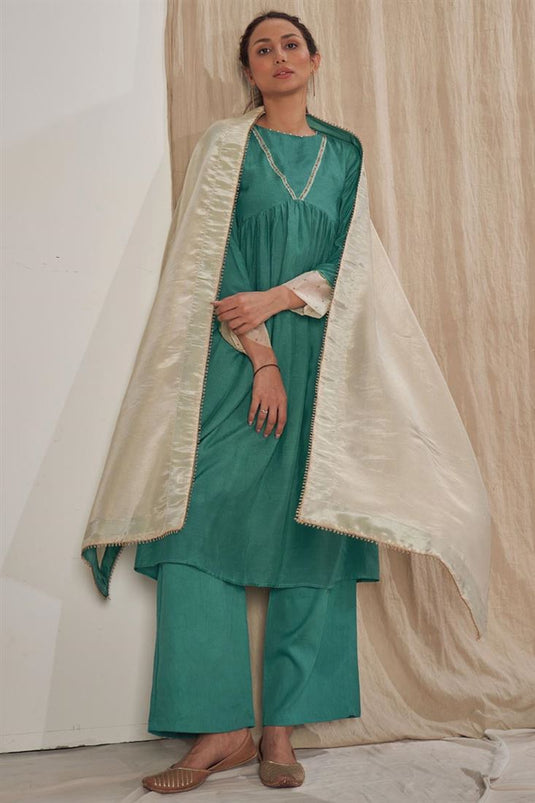 Exclusive Teal Color Muslin Silk Fabric Readymade Palazzo Kurta Set