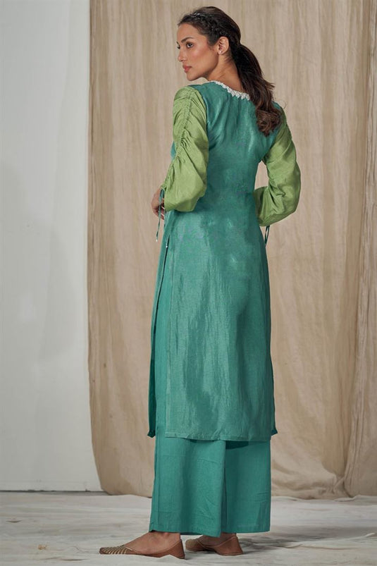 Exclusive Muslin Silk Fabric Readymade Palazzo Kurta Set In Teal Color