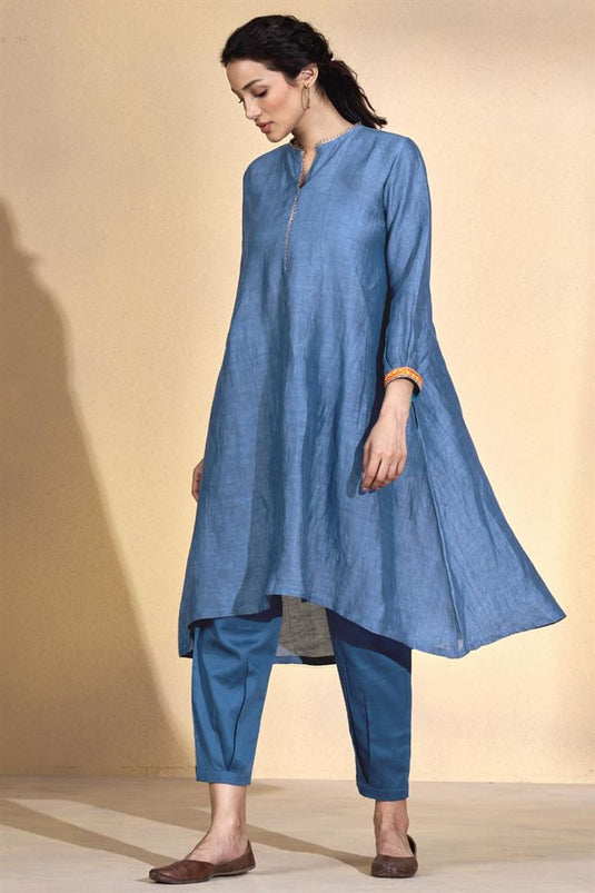 Exclusive Blue Color Viscose Linen Fabric Readymade Kurta Set