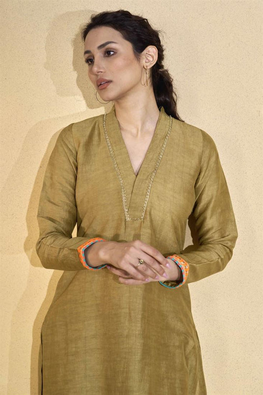 Exclusive Brown Color Viscose Linen Fabric Readymade Kurta Set