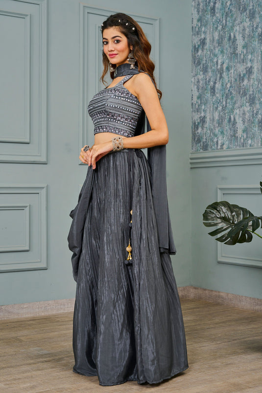 Charming Grey Color Art Silk Fabric Readymade Lehenga With Sequins Work
