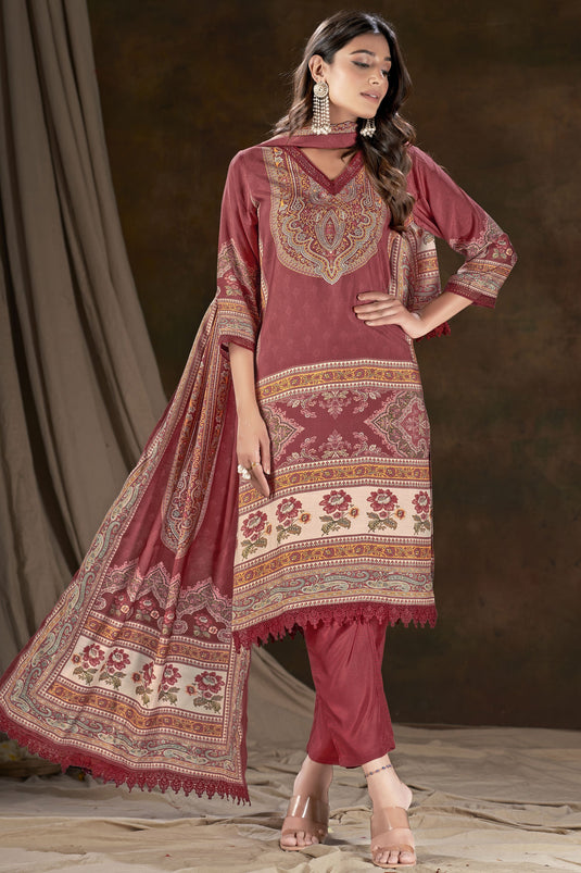 Mesmeric Maroon Color Digital Printed Work On Salwar Suit In Muslin Fabric