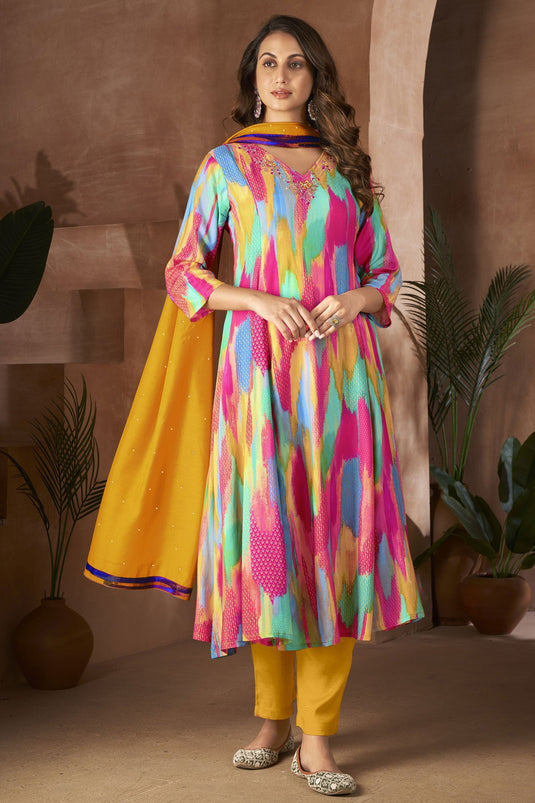Muslin Fabric Yellow Color Beatific Hand Work Readymade Salwar Suit