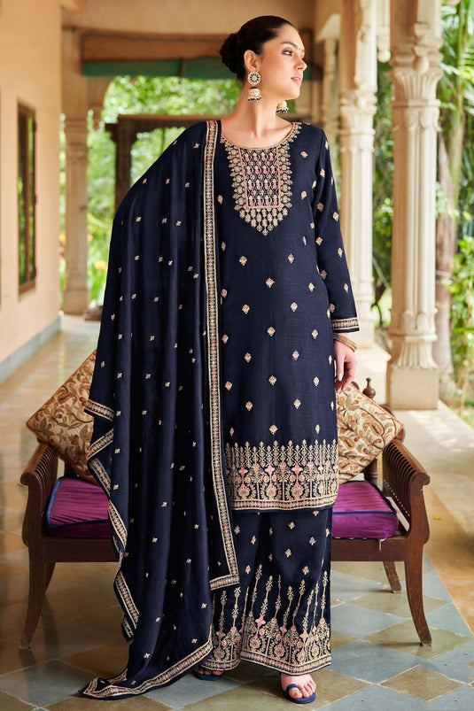 Navy Blue Color Art Silk Fabric Function Wear Awesome Palazzo Suit