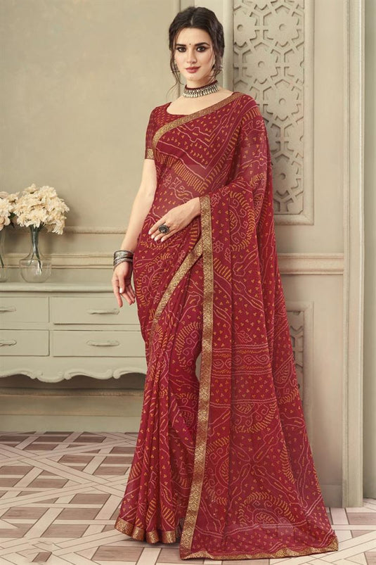 Chiffon Fabric Maroon Color Bandhani Print Regular Wear Saree