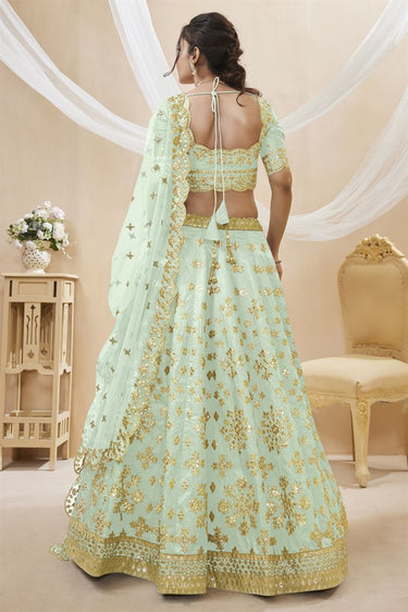 Awesome Embroidered Work On Art Silk Fabric Sea Green Color Lehenga Choli
