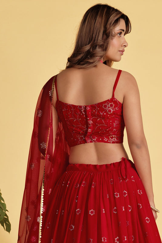 Red Color Georgette Fabric Glamorous Look Sequins Work Lehenga