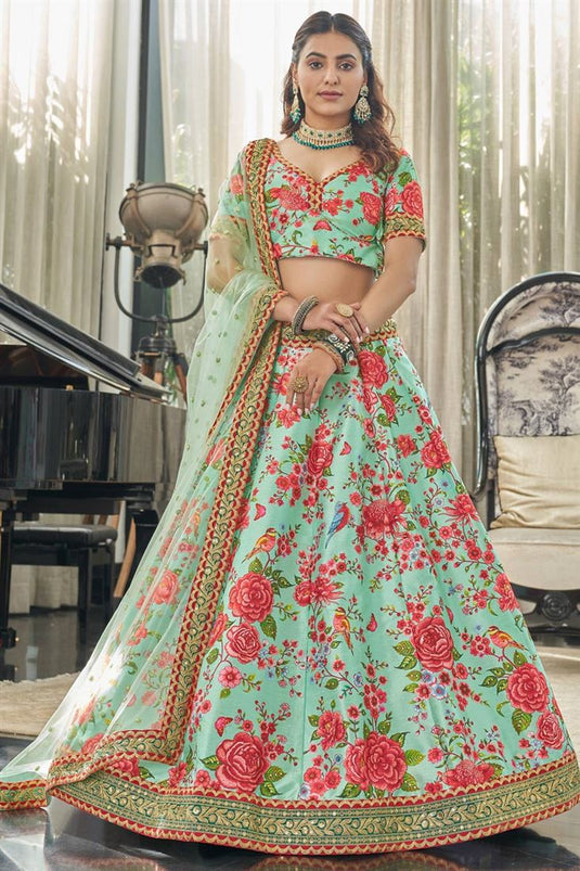 Art Silk Fabric Sea Green Color Solid Digital Printed Lehenga Choli