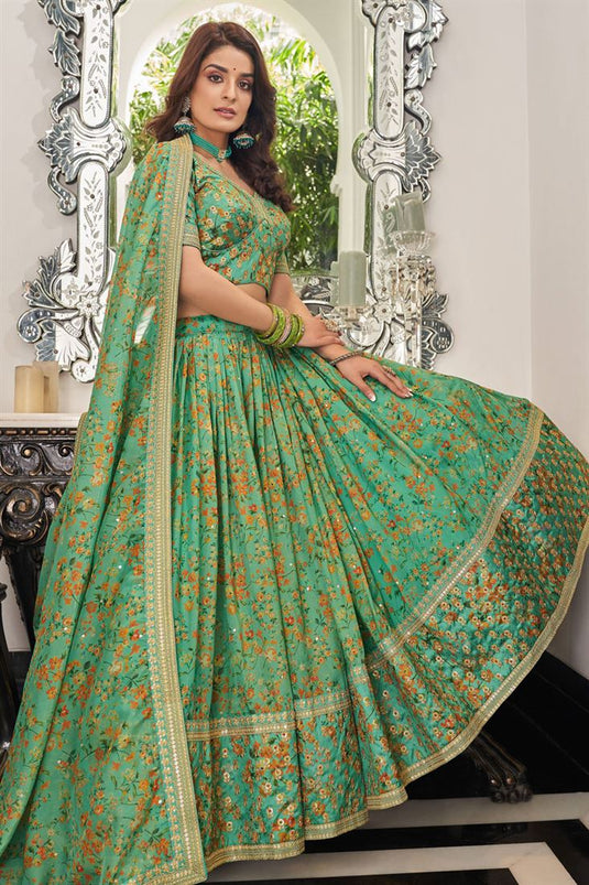 Sea Green Color Organza Fabric Sangeet Wear Luminous Lehenga