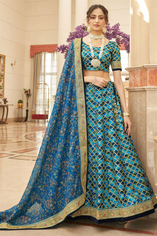 Art Silk Fabric Sangeet Wear Wondrous Lehenga In Cyan Color