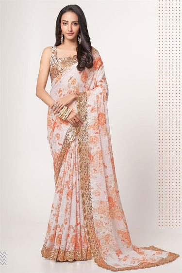 Dazzling White Color Digital Printed Organza Saree