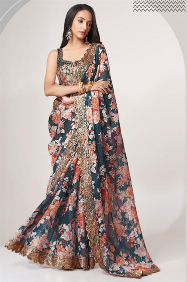 Marvellous Digital Printed Organza Saree In Teal Color