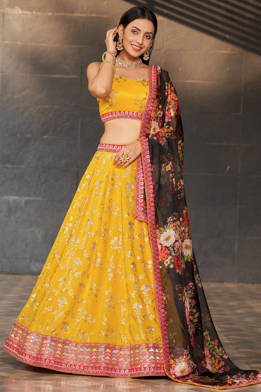 Beguiling Sequins Work On Yellow Color Georgette Fabric Lehenga