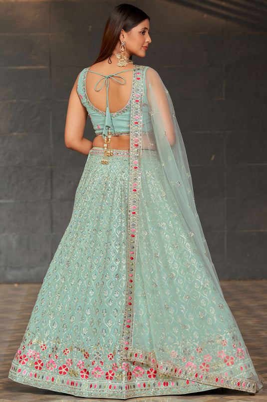 Incredible Sequins Work On Georgette Fabric Sky Blue Color Lehenga