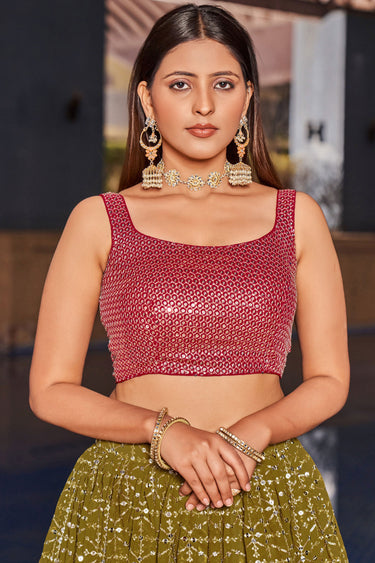Georgette Fabric Olive Color Delicate Lehenga With Sequins Work