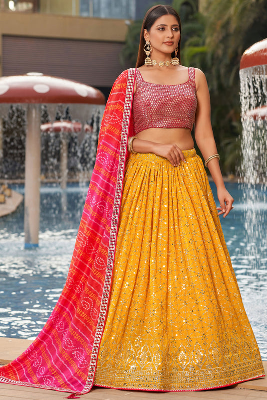 Mustard Color Sequins Work On Georgette Fabric Chic Lehenga