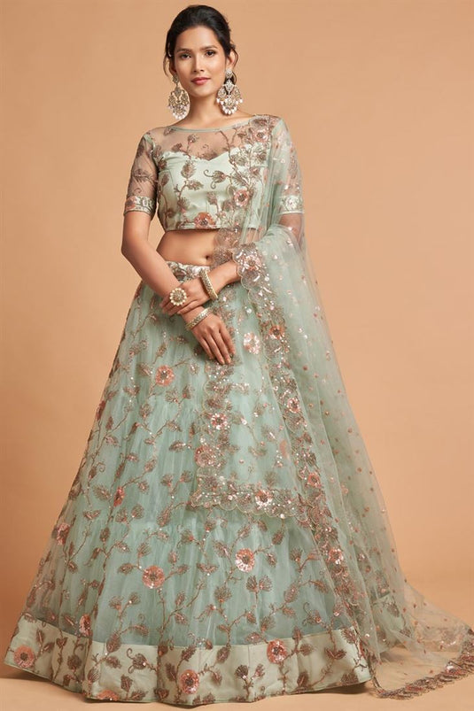 Admirable Net Fabric Embroidered Work Sea Green Color Lehenga In Sangeet Wear