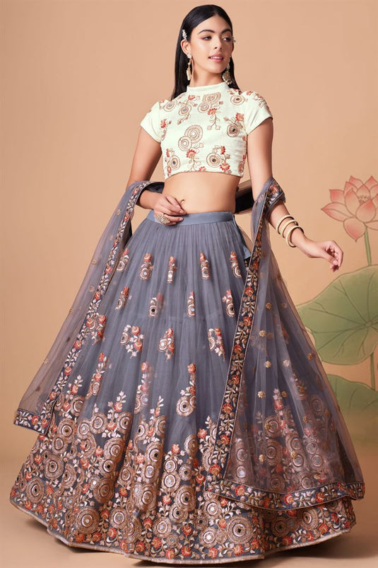 Grey Color Sangeet Wear Net Fabric Beatific Lehenga Choli