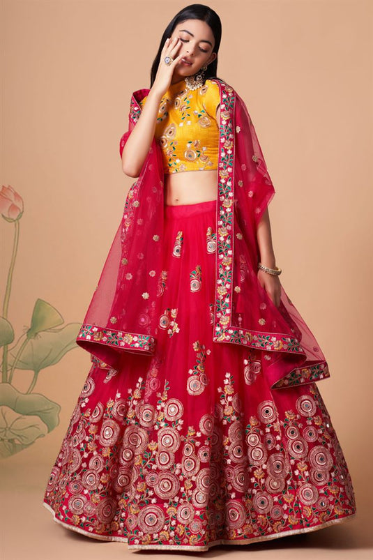 Incredible Sangeet Wear Net Fabric Rani Color Lehenga Choli