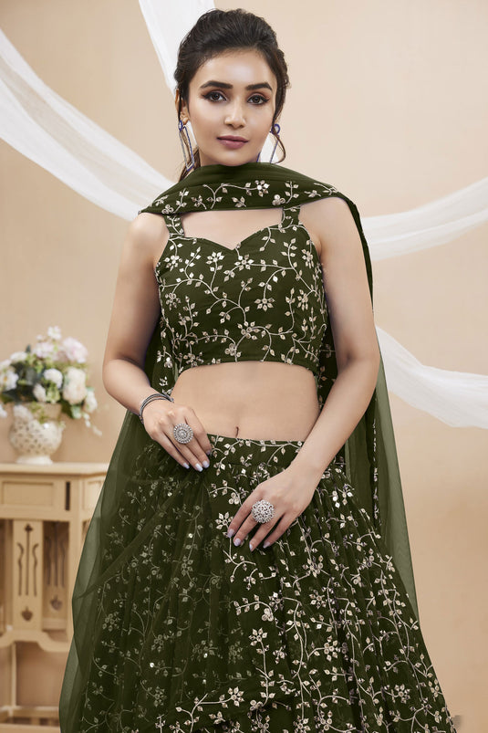 Georgette Fabric Sangeet Wear Embroidered 3 Piece Lehenga Choli In Dark Green Color