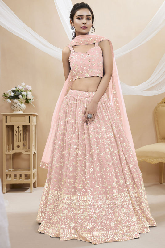 Peach Color Georgette Fabric Embroidered Lehenga Choli