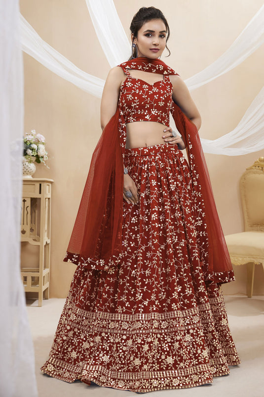 Georgette Fabric Red Color Sangeet Wear Embroidered 3 Piece Lehenga Choli