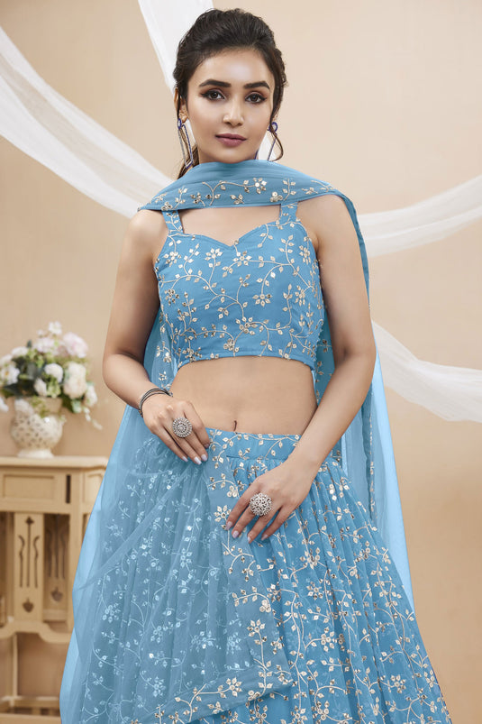 Sky Blue Color Designer Embroidered Lehenga Choli In Georgette Fabric