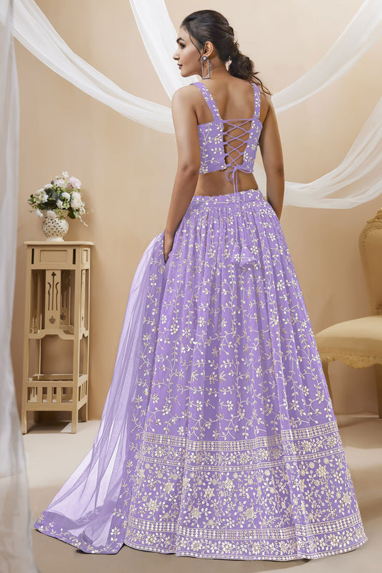 Lavender Color Embroidered Sangeet Wear Lehenga Choli In Georgette Fabric