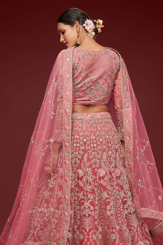 Excellent Net Pink Color Lehenga With Embroidered Work