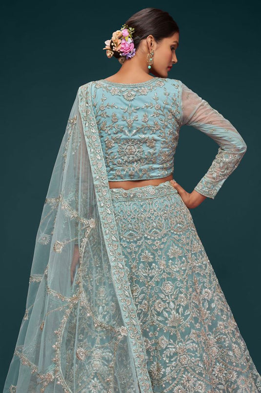 Cyan Color Embroidered Work On Net Fabric Beatific Lehenga