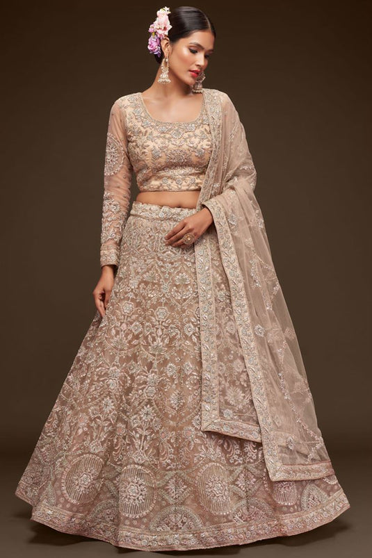 Awesome Embroidered Work On Net Fabric Beige Color Lehenga