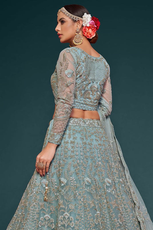 Engaging Light Cyan Color Net Fabric Embroidered Work Lehenga