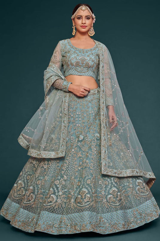 Engaging Light Cyan Color Net Fabric Embroidered Work Lehenga