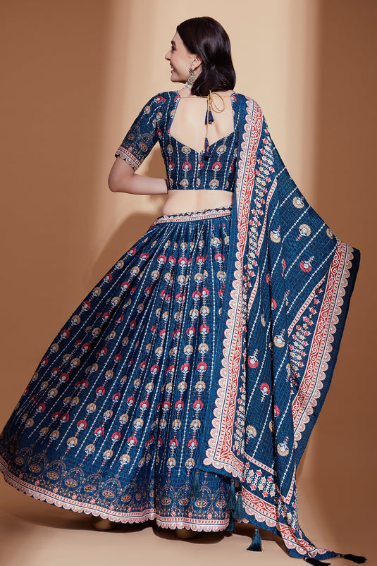 Digital Print Blue Chinon Fabric Occasion Wear Lehenga Choli