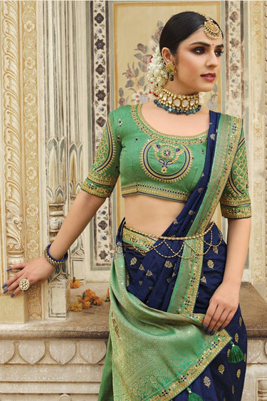 Fascinating Navy Blue Banarasi Silk Saree With Designer Blouse