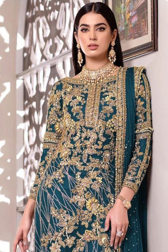 Teal Color Party Wear Net Fabric Incredible Pakistani Replica Suit