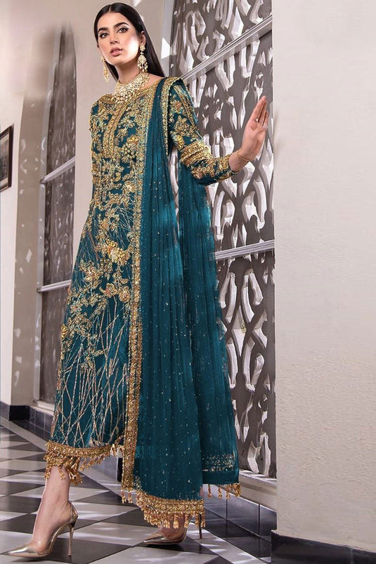 Teal Color Party Wear Net Fabric Incredible Pakistani Replica Suit