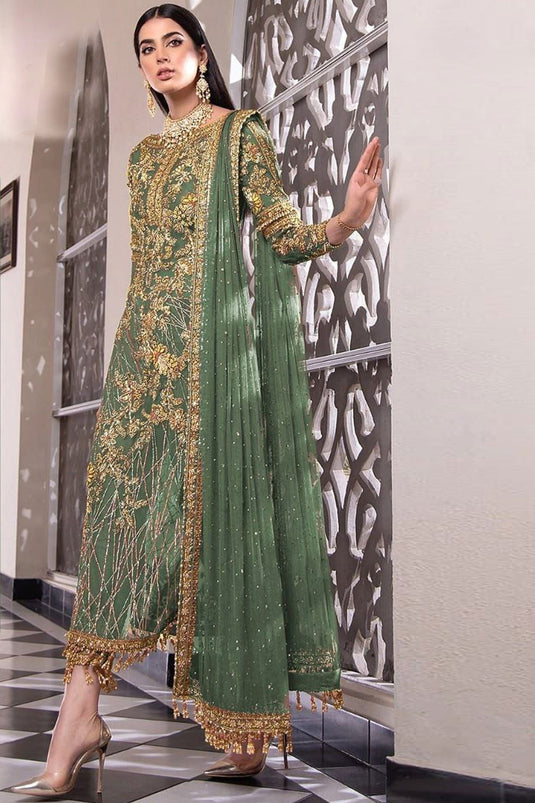 Sea Green Color Party Wear Net Fabric Charismatic Pakistani Replica Suit