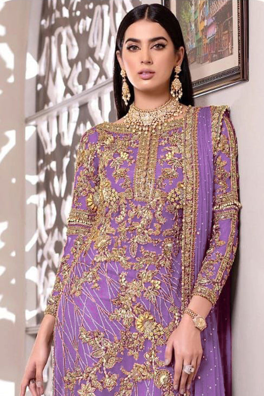 Party Wear Net Fabric Lavender Color Supreme Pakistani Replica Suit