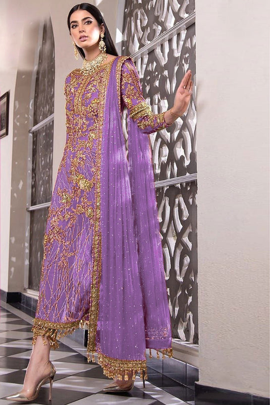 Party Wear Net Fabric Lavender Color Supreme Pakistani Replica Suit