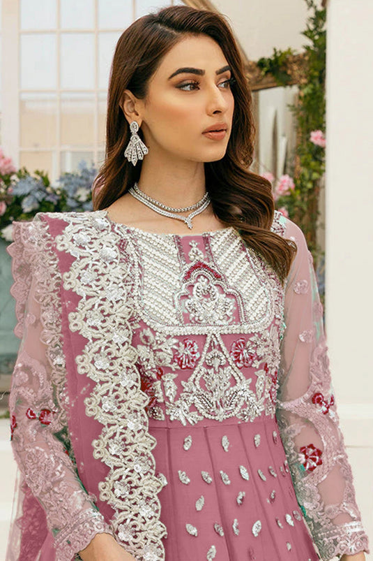 Net Fabric Fancy Sequins Work Festive Wear Pakistani Replica Suit In Pink Color