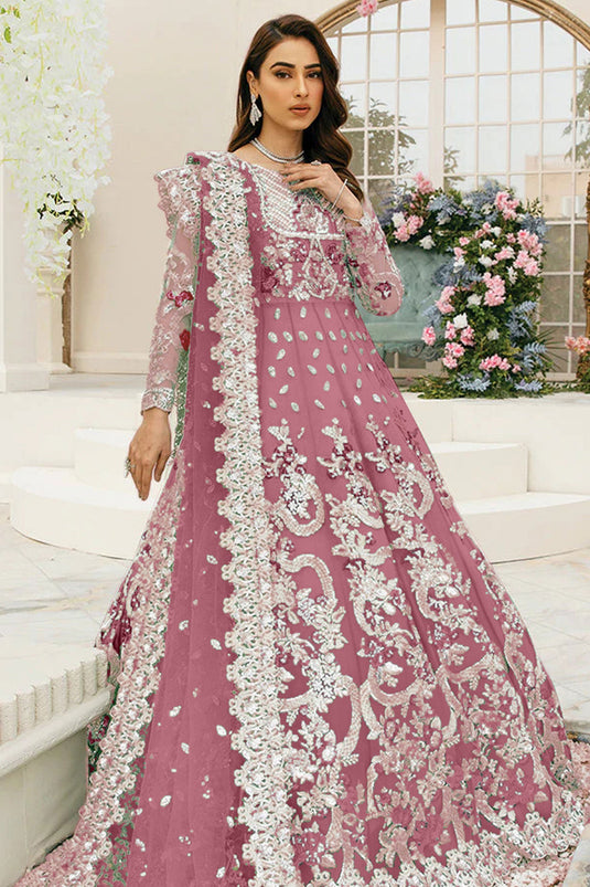 Net Fabric Fancy Sequins Work Festive Wear Pakistani Replica Suit In Pink Color