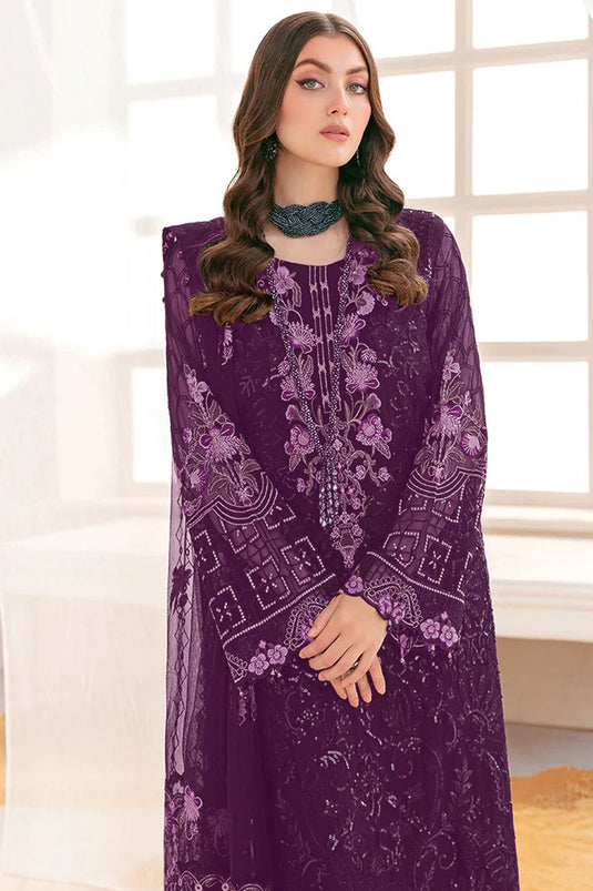 Purple Color Georgette Fabric Elegant Sequins Work Pakistani Replica Suit