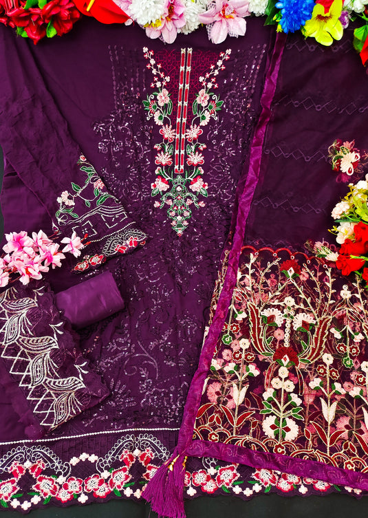 Purple Color Georgette Fabric Elegant Sequins Work Pakistani Replica Suit