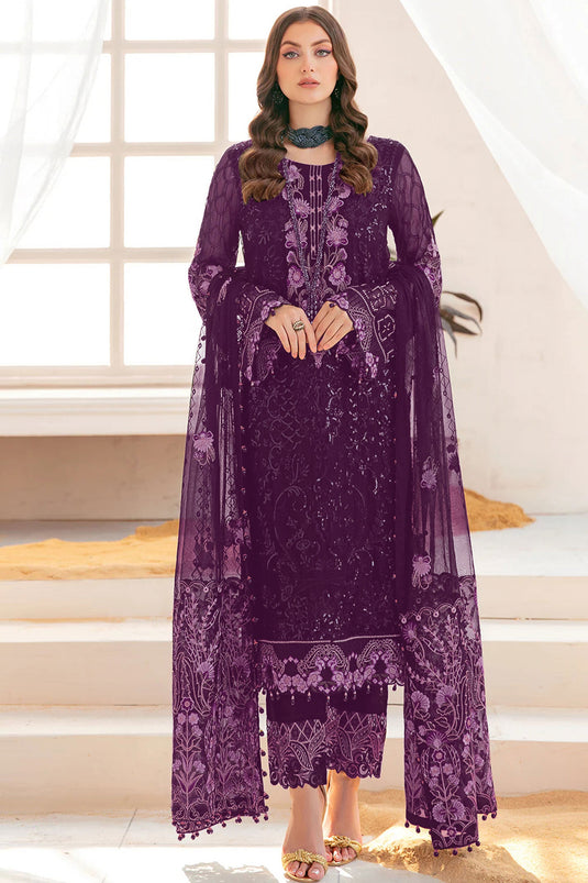 Purple Color Georgette Fabric Elegant Sequins Work Pakistani Replica Suit