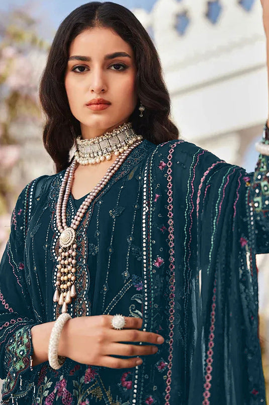 Teal Color Exquisite Embroidered Work Pakistani Replica Suit In Georgette Fabric