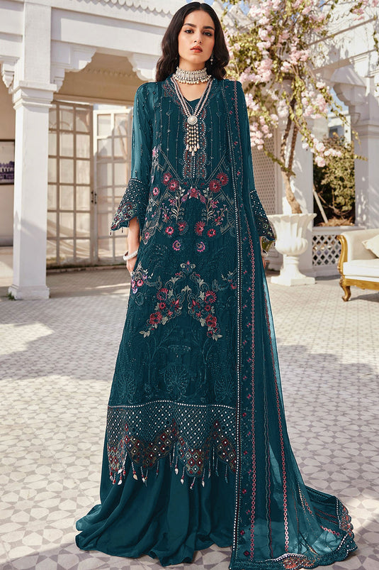 Teal Color Exquisite Embroidered Work Pakistani Replica Suit In Georgette Fabric