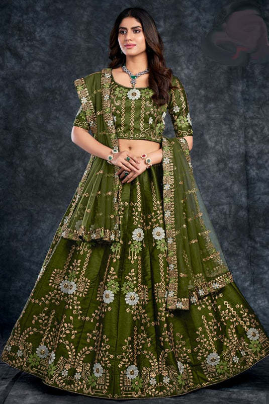 Silk Fabric Mehendi Green Color Sangeet Wear Soothing Lehenga