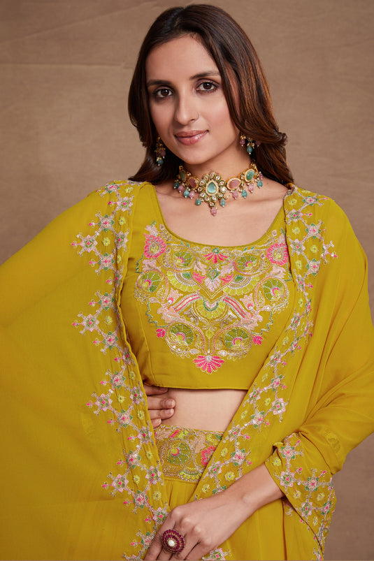 Yellow Color Georgette Fabric Sangeet Wear Embroidered Lehenga Choli