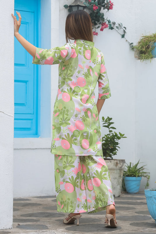 Casual Style Cotton Fabric Green Color Supreme Readymade Co-Ord Set